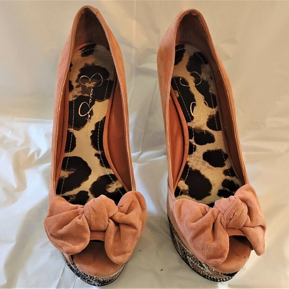 Jessica Simpson Devin 2 Sparkle Platform Stiletto Pink Blush Bow Suede Size 9 B